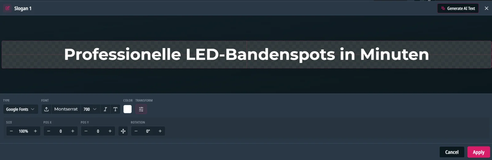 Texte direkt im Browser bearbeiten – Schrift, Farbe, Größe und Position lassen sich anpassen, Animation und Timing bleiben durch die Vorlage definiert.